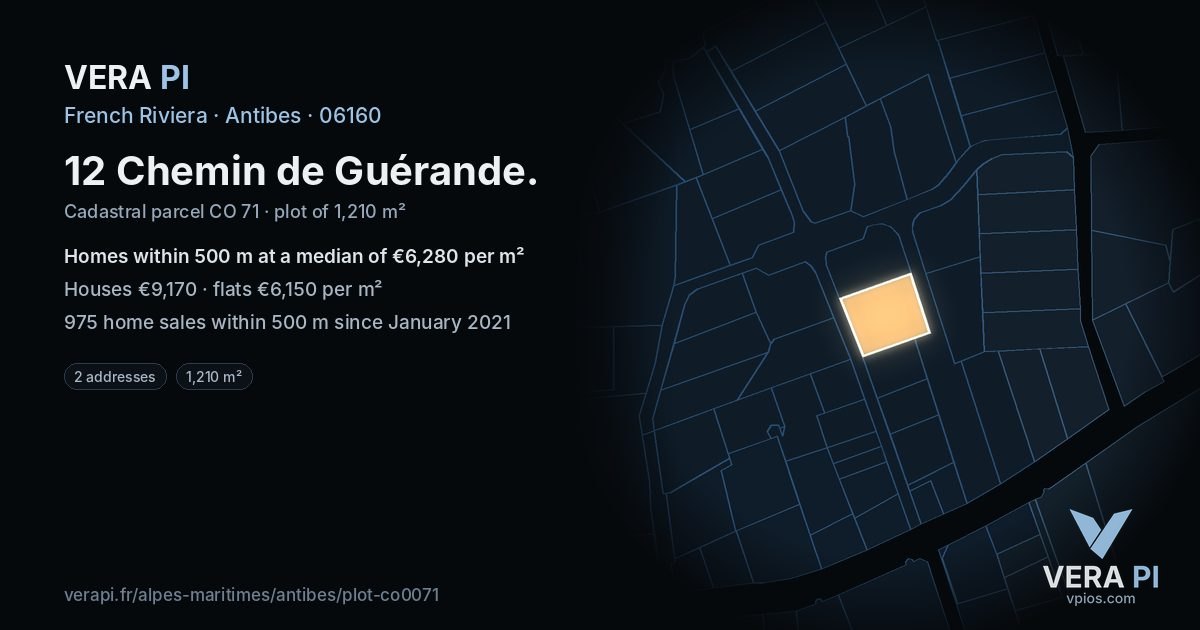12 Chemin de Guérande, Antibes at night – the plot lit, the parcels around coloured by the prices near them