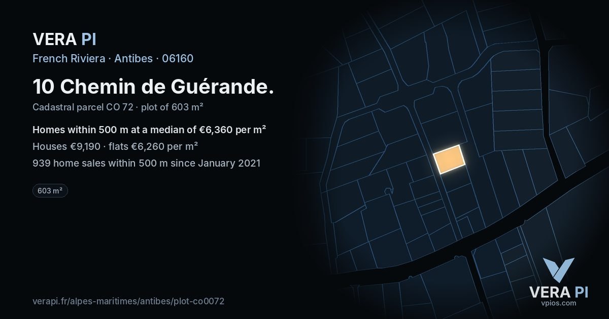 10 Chemin de Guérande, Antibes at night – the plot lit, the parcels around coloured by the prices near them