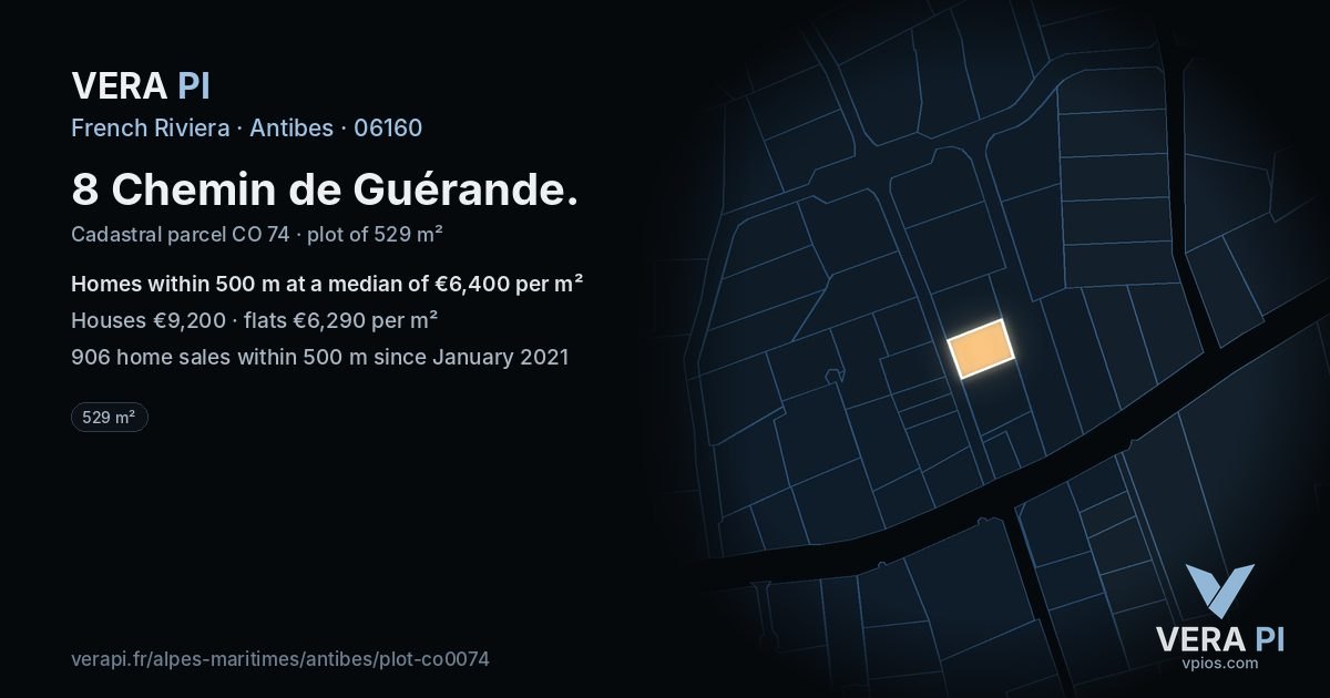8 Chemin de Guérande, Antibes at night – the plot lit, the parcels around coloured by the prices near them