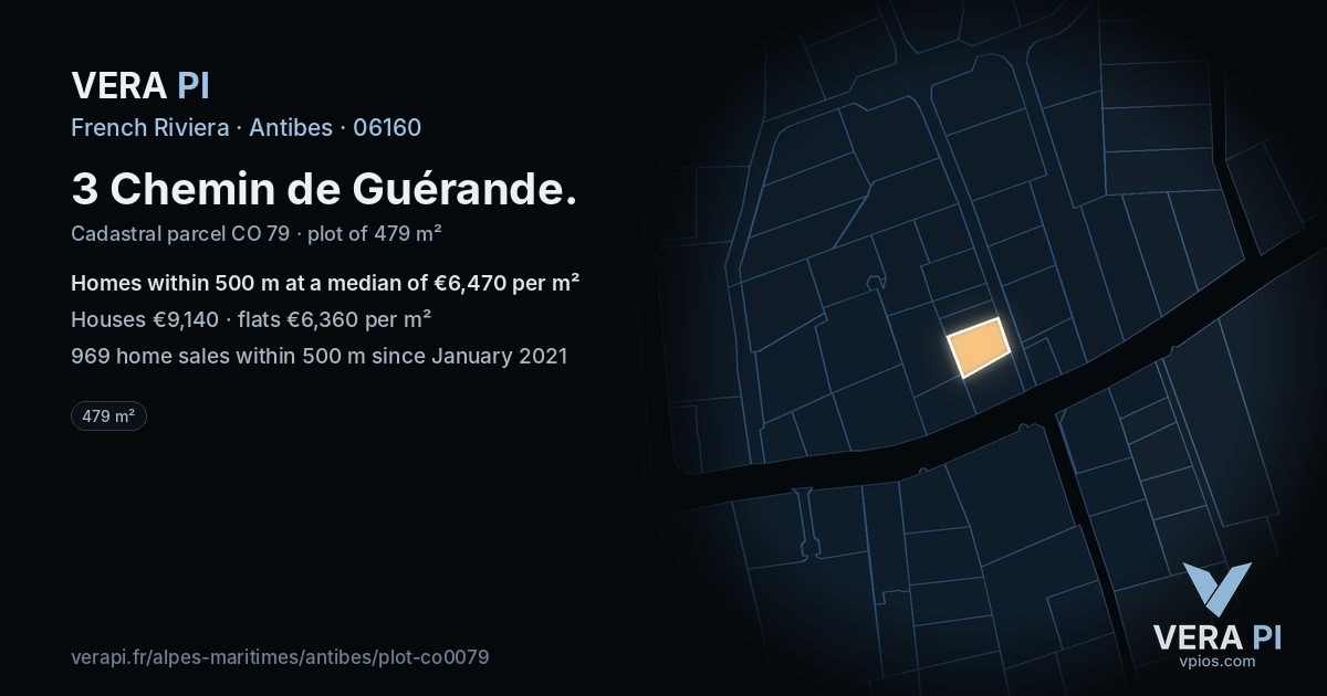 3 Chemin de Guérande, Antibes at night – the plot lit, the parcels around coloured by the prices near them