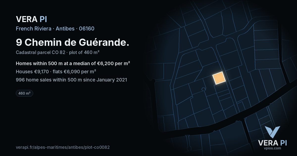 9 Chemin de Guérande, Antibes at night – the plot lit, the parcels around coloured by the prices near them