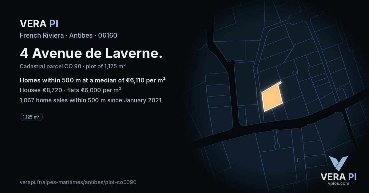 4 Avenue de Laverne, Antibes at night – the plot lit, the parcels around coloured by the prices near them