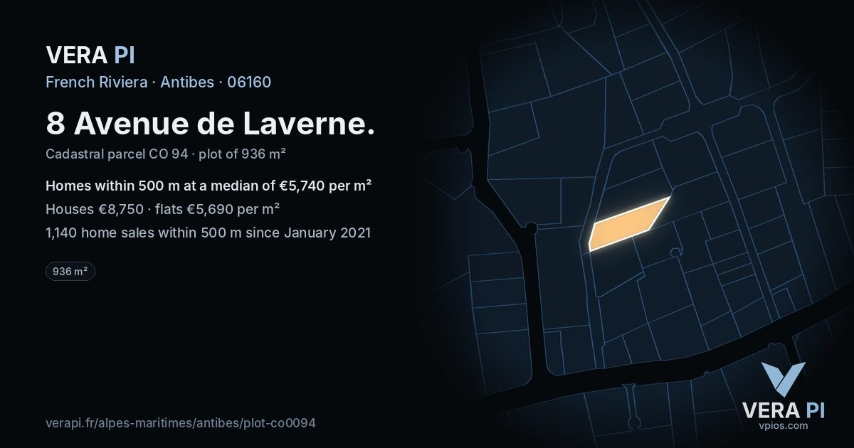 8 Avenue de Laverne, Antibes at night – the plot lit, the parcels around coloured by the prices near them