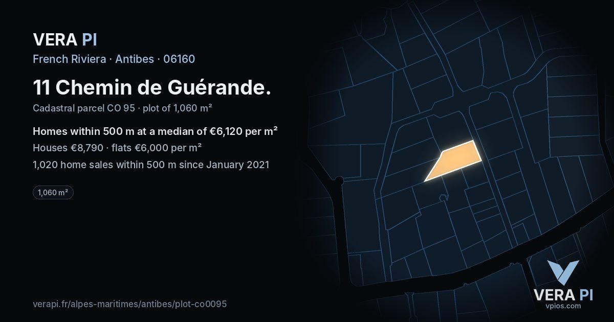 11 Chemin de Guérande, Antibes at night – the plot lit, the parcels around coloured by the prices near them