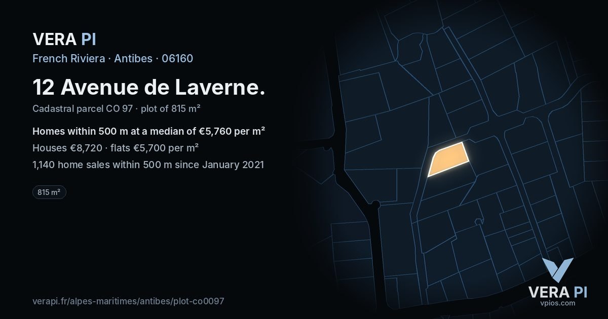 12 Avenue de Laverne, Antibes at night – the plot lit, the parcels around coloured by the prices near them