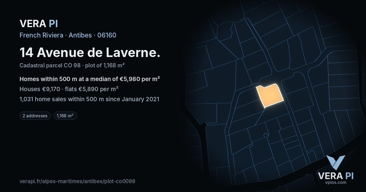 14 Avenue de Laverne, Antibes at night – the plot lit, the parcels around coloured by the prices near them