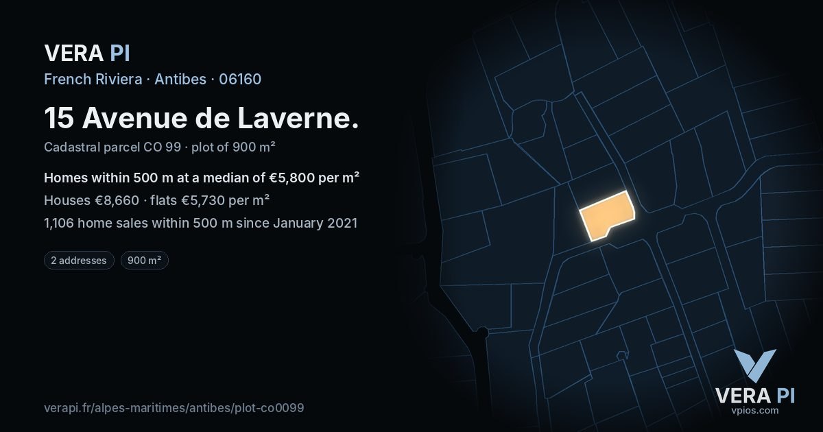 15 Avenue de Laverne, Antibes at night – the plot lit, the parcels around coloured by the prices near them