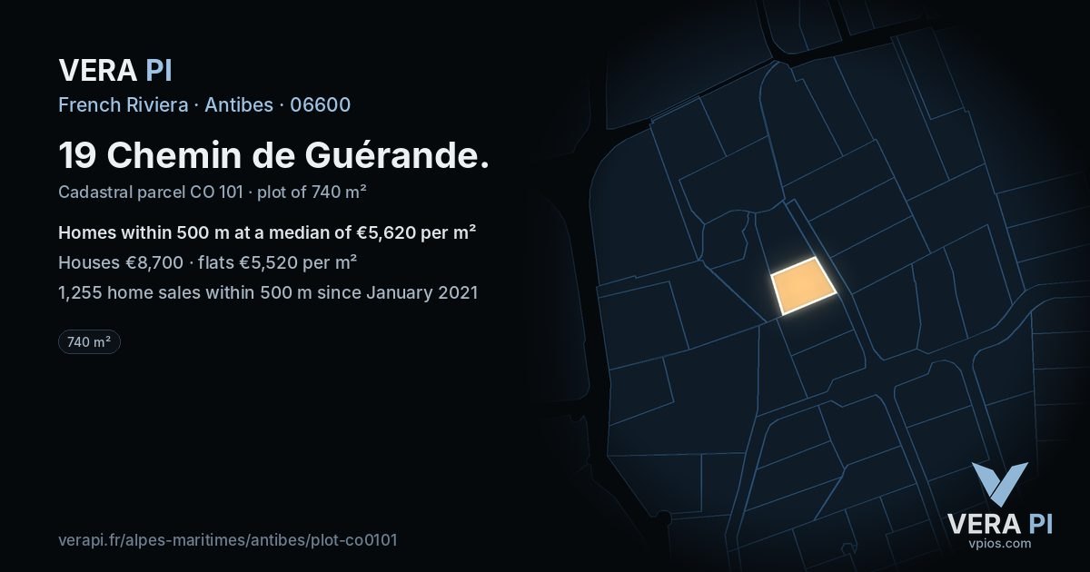 19 Chemin de Guérande, Antibes at night – the plot lit, the parcels around coloured by the prices near them