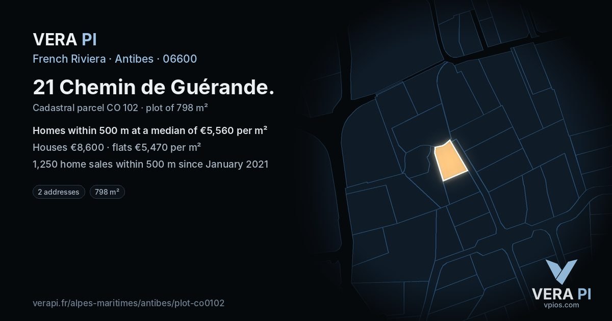 21 Chemin de Guérande, Antibes at night – the plot lit, the parcels around coloured by the prices near them