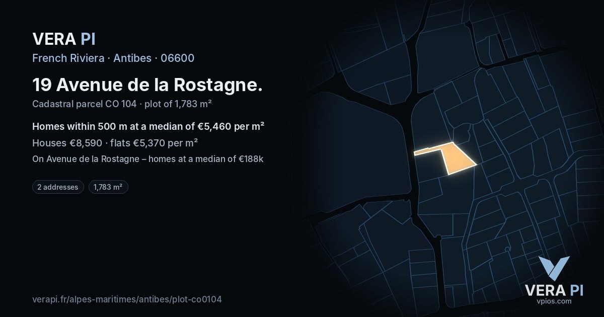 19 Avenue de la Rostagne, Antibes at night – the plot lit, the parcels around coloured by the prices near them