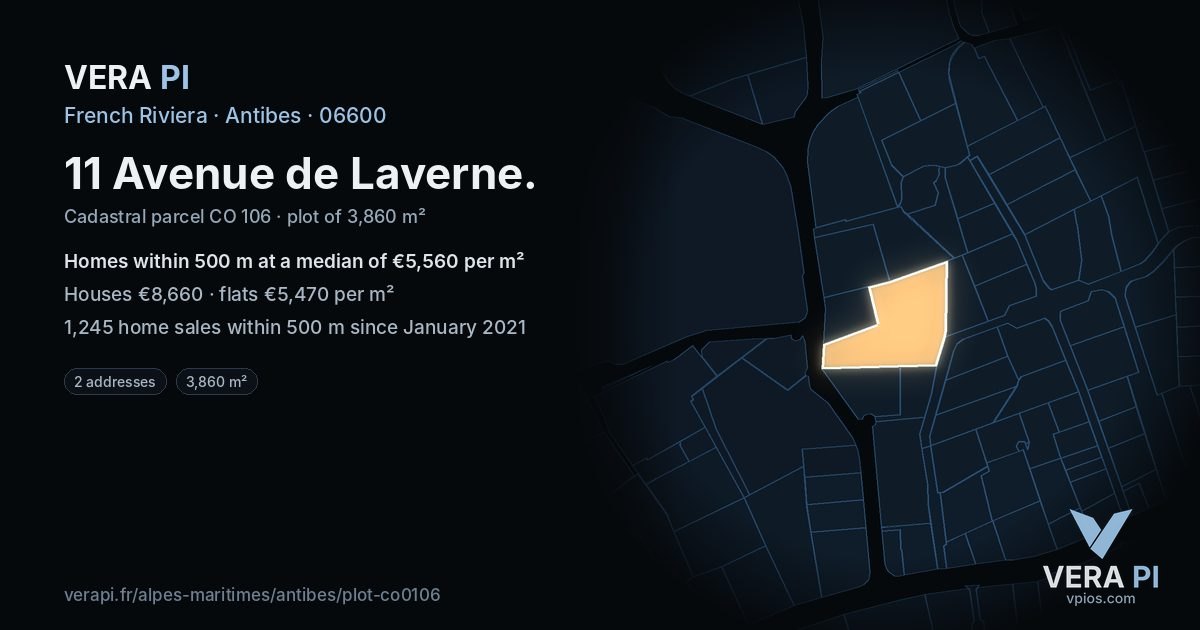 11 Avenue de Laverne, Antibes at night – the plot lit, the parcels around coloured by the prices near them