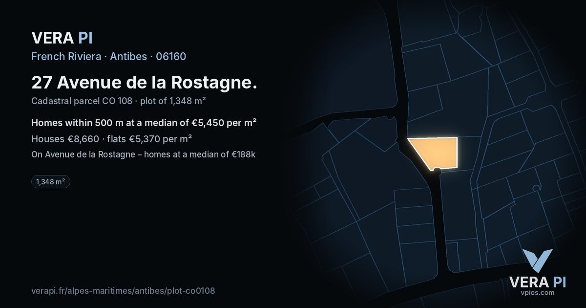 27 Avenue de la Rostagne, Antibes at night – the plot lit, the parcels around coloured by the prices near them