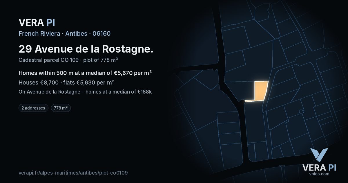 29 Avenue de la Rostagne, Antibes at night – the plot lit, the parcels around coloured by the prices near them