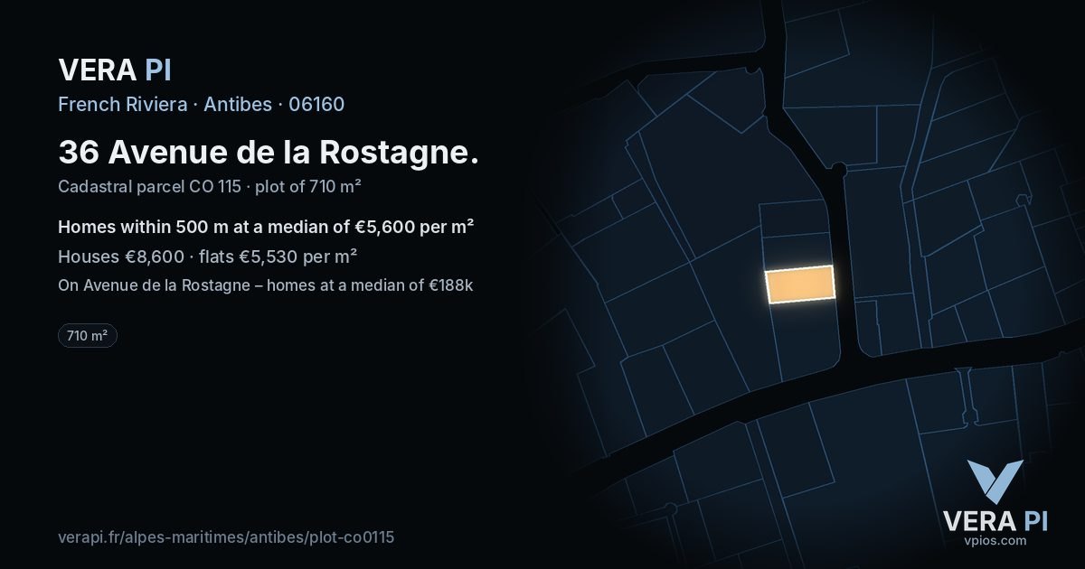 36 Avenue de la Rostagne, Antibes at night – the plot lit, the parcels around coloured by the prices near them