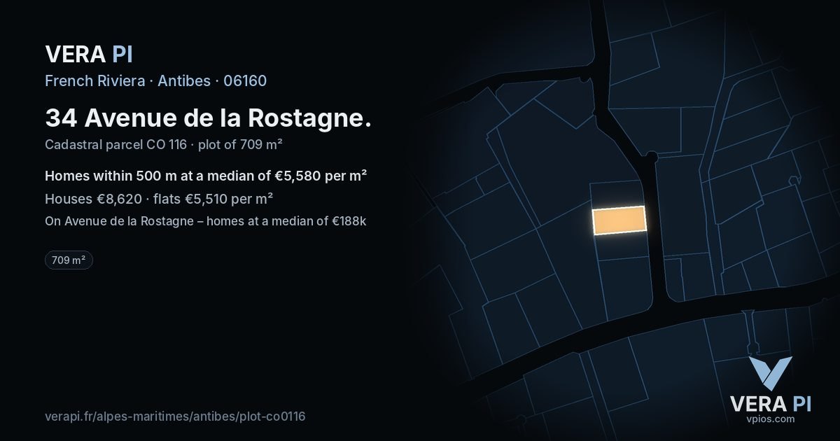 34 Avenue de la Rostagne, Antibes at night – the plot lit, the parcels around coloured by the prices near them