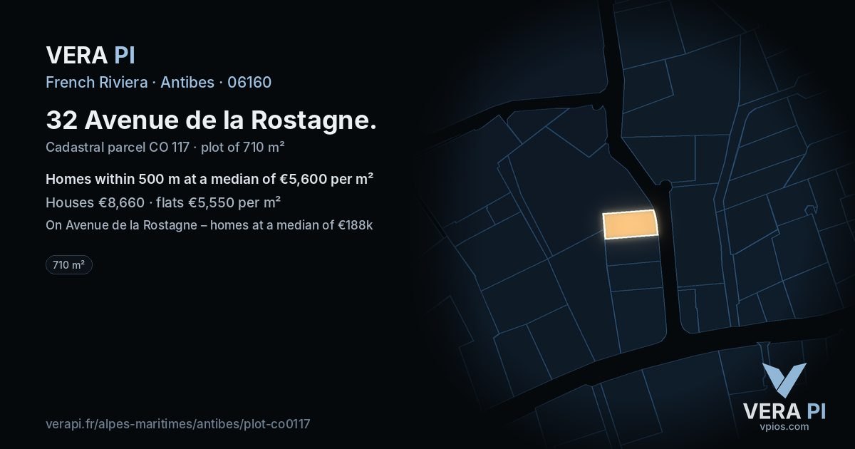 32 Avenue de la Rostagne, Antibes at night – the plot lit, the parcels around coloured by the prices near them