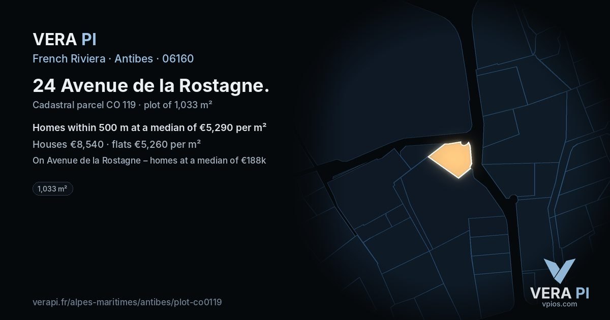 24 Avenue de la Rostagne, Antibes at night – the plot lit, the parcels around coloured by the prices near them