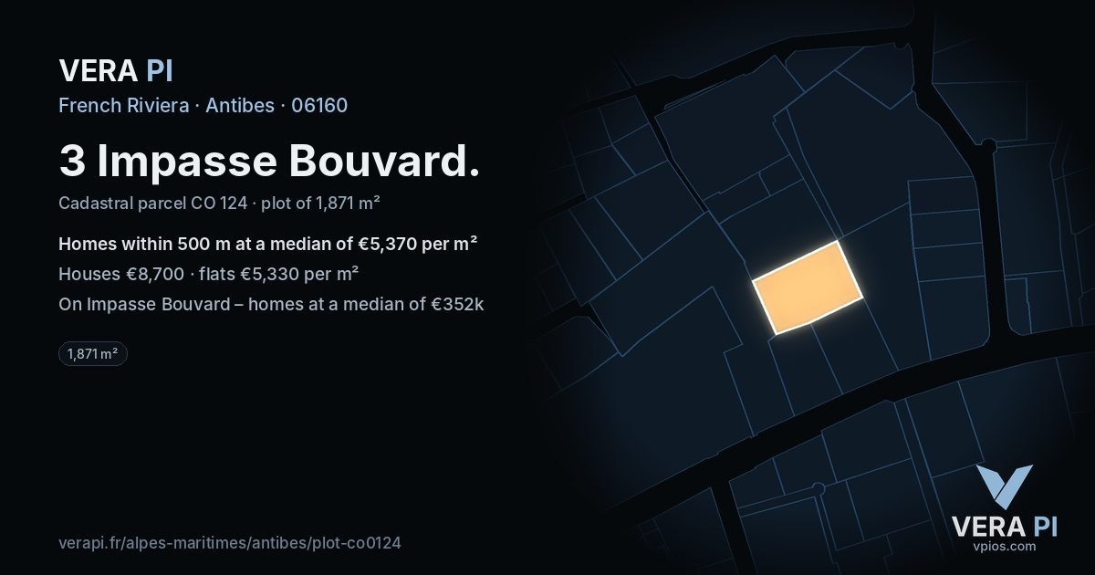 3 Impasse Bouvard, Antibes at night – the plot lit, the parcels around coloured by the prices near them
