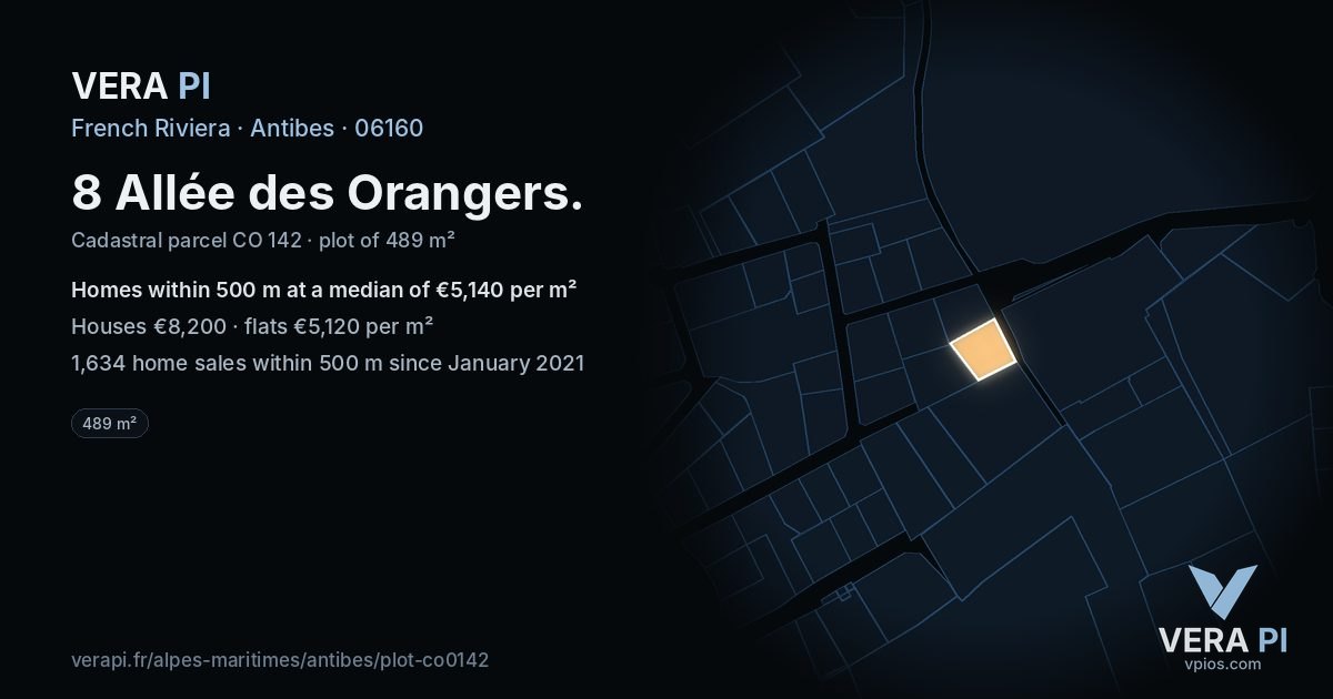 8 Allée des Orangers, Antibes at night – the plot lit, the parcels around coloured by the prices near them