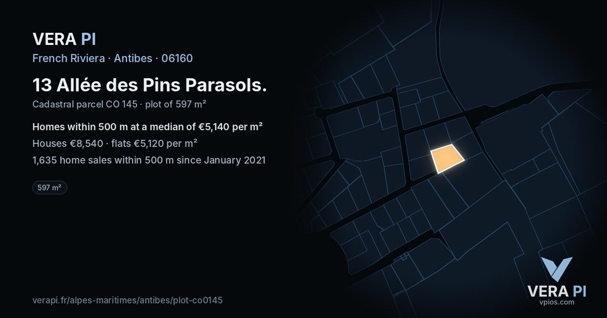 13 Allée des Pins Parasols, Antibes at night – the plot lit, the parcels around coloured by the prices near them