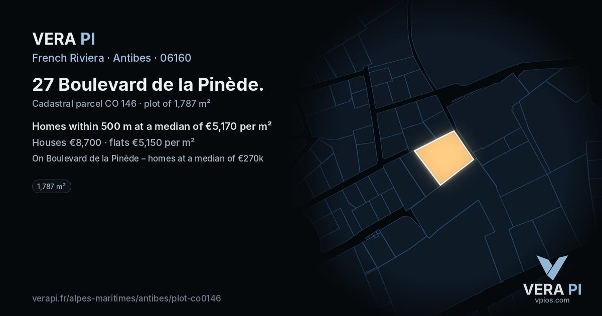27 Boulevard de la Pinède, Antibes at night – the plot lit, the parcels around coloured by the prices near them