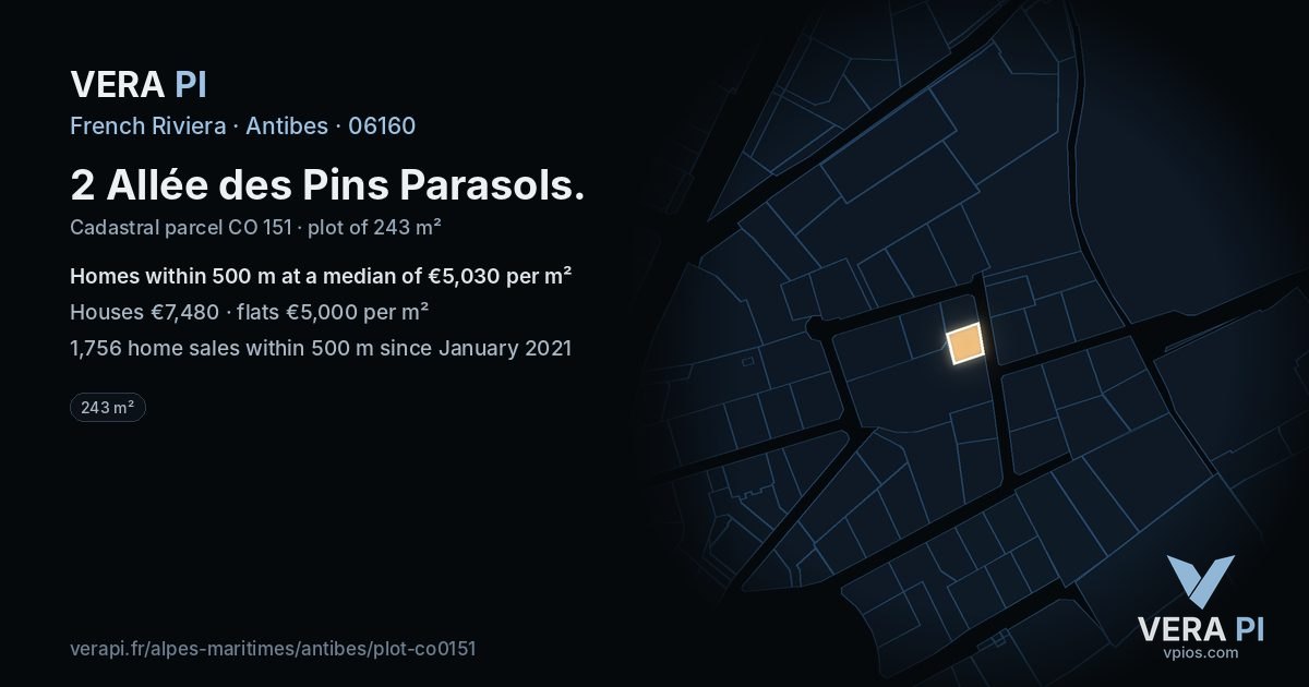 2 Allée des Pins Parasols, Antibes at night – the plot lit, the parcels around coloured by the prices near them