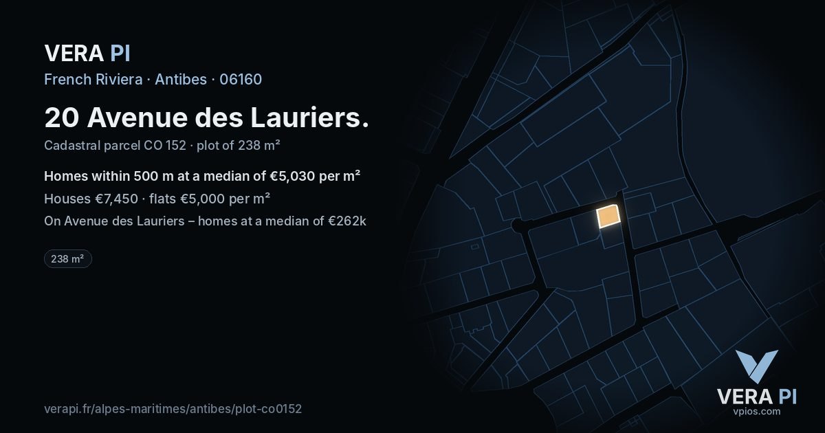 20 Avenue des Lauriers, Antibes at night – the plot lit, the parcels around coloured by the prices near them