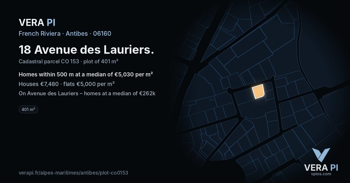 18 Avenue des Lauriers, Antibes at night – the plot lit, the parcels around coloured by the prices near them
