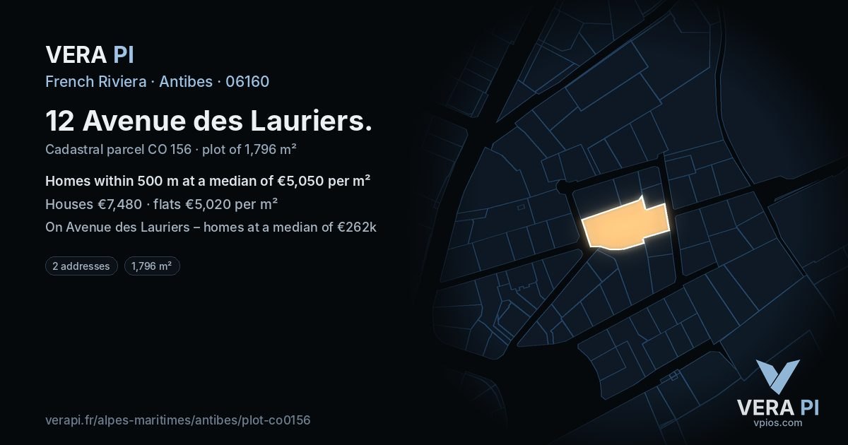12 Avenue des Lauriers, Antibes at night – the plot lit, the parcels around coloured by the prices near them
