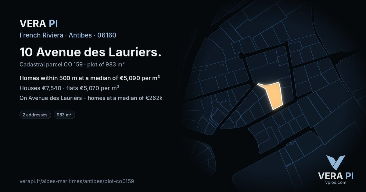 10 Avenue des Lauriers, Antibes at night – the plot lit, the parcels around coloured by the prices near them