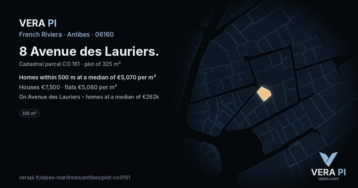 8 Avenue des Lauriers, Antibes at night – the plot lit, the parcels around coloured by the prices near them
