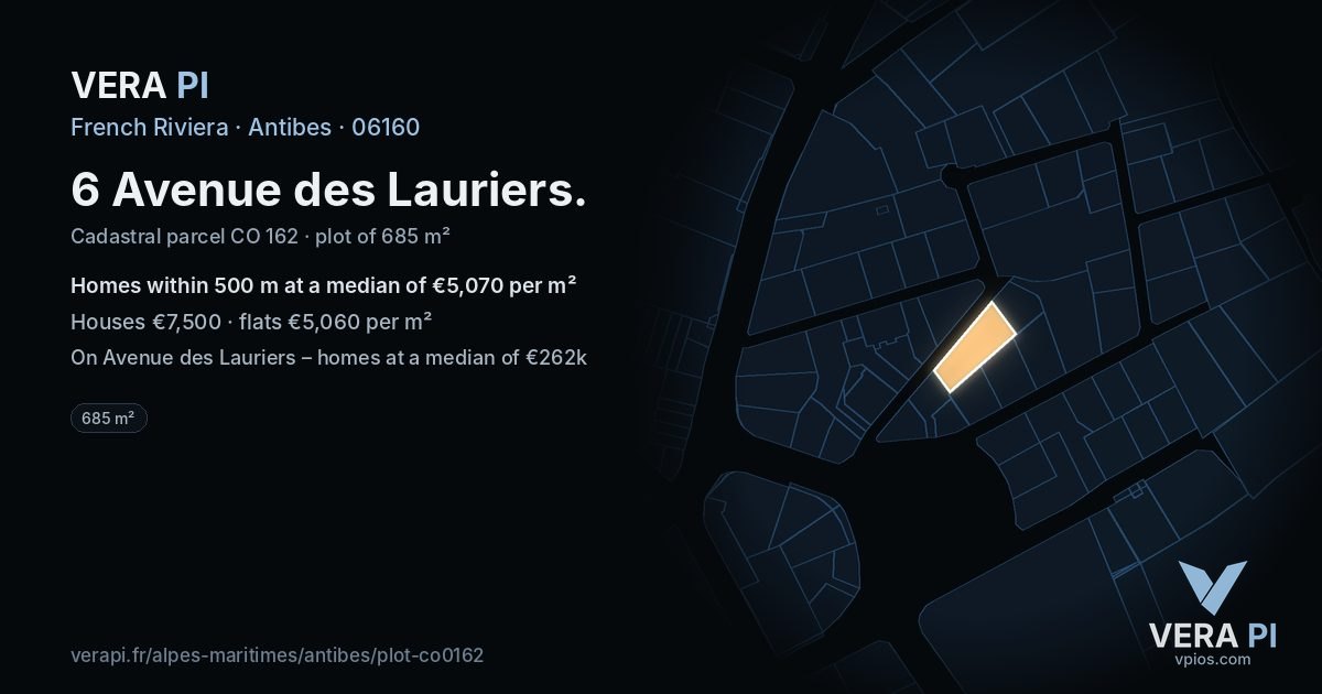 6 Avenue des Lauriers, Antibes at night – the plot lit, the parcels around coloured by the prices near them