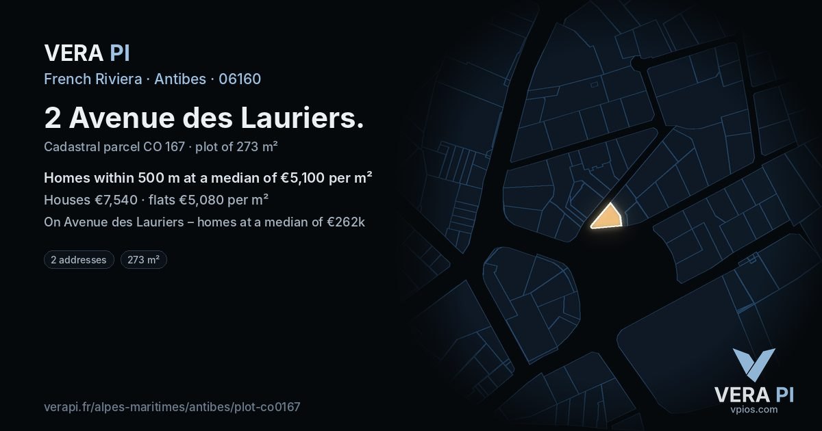 2 Avenue des Lauriers, Antibes at night – the plot lit, the parcels around coloured by the prices near them