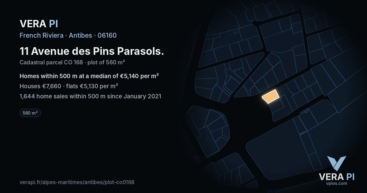11 Avenue des Pins Parasols, Antibes at night – the plot lit, the parcels around coloured by the prices near them