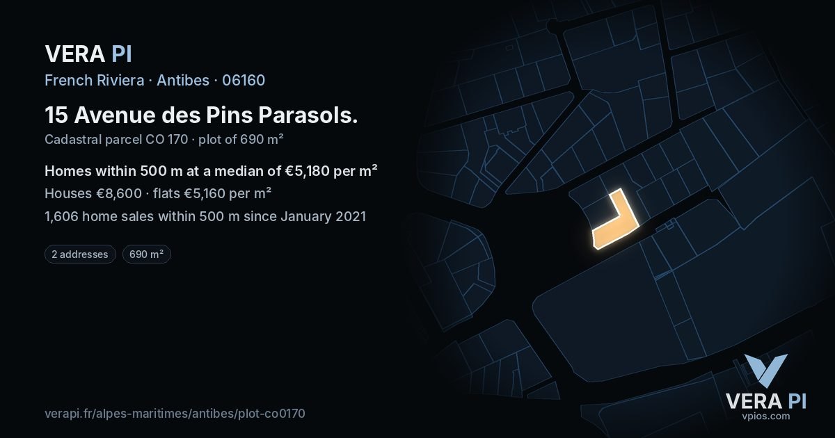 15 Avenue des Pins Parasols, Antibes at night – the plot lit, the parcels around coloured by the prices near them