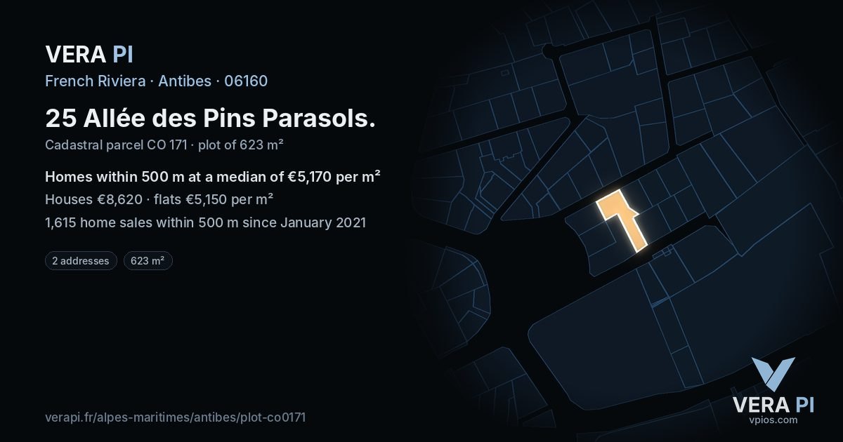 25 Allée des Pins Parasols, Antibes at night – the plot lit, the parcels around coloured by the prices near them