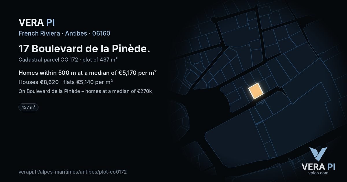 17 Boulevard de la Pinède, Antibes at night – the plot lit, the parcels around coloured by the prices near them