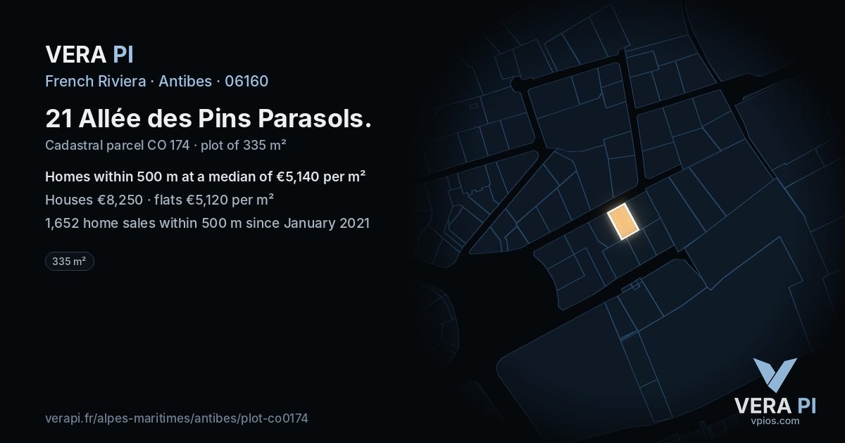21 Allée des Pins Parasols, Antibes at night – the plot lit, the parcels around coloured by the prices near them