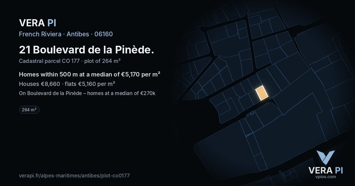 21 Boulevard de la Pinède, Antibes at night – the plot lit, the parcels around coloured by the prices near them