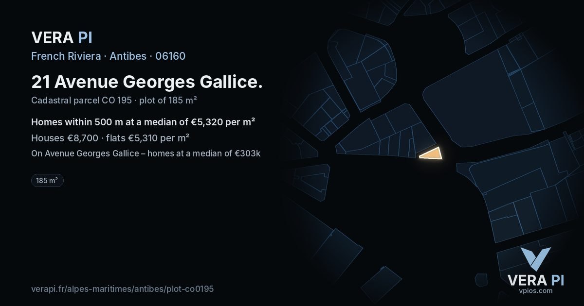 21 Avenue Georges Gallice, Antibes at night – the plot lit, the parcels around coloured by the prices near them