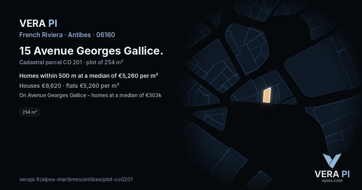 15 Avenue Georges Gallice, Antibes at night – the plot lit, the parcels around coloured by the prices near them