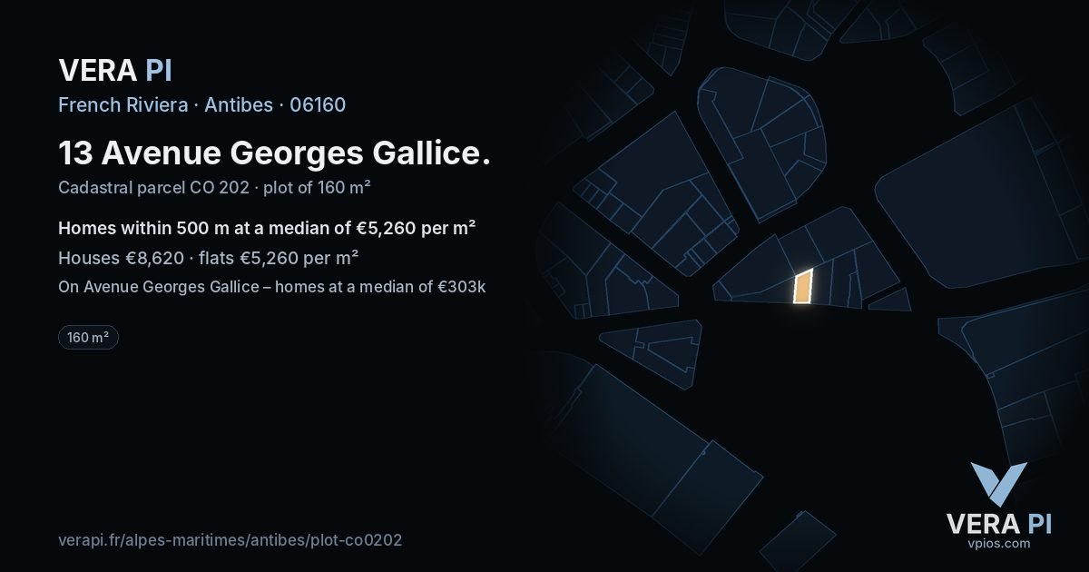 13 Avenue Georges Gallice, Antibes at night – the plot lit, the parcels around coloured by the prices near them