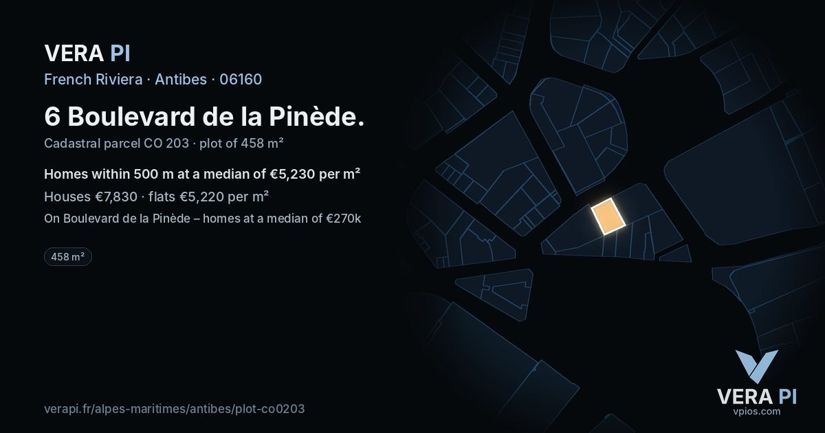 6 Boulevard de la Pinède, Antibes at night – the plot lit, the parcels around coloured by the prices near them