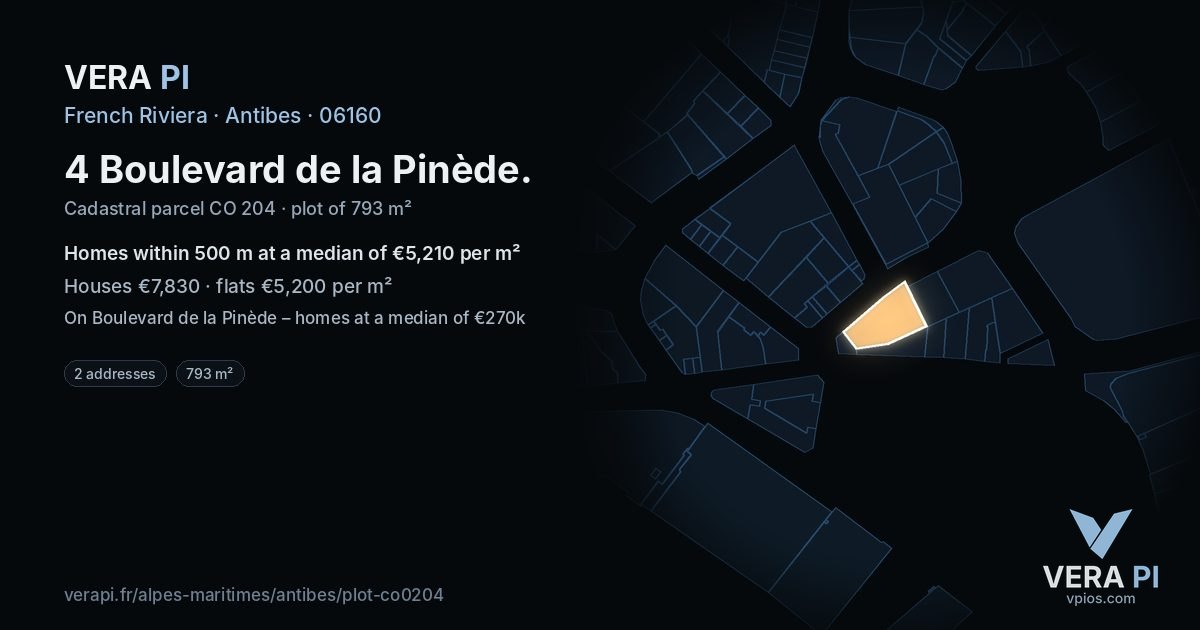 4 Boulevard de la Pinède, Antibes at night – the plot lit, the parcels around coloured by the prices near them