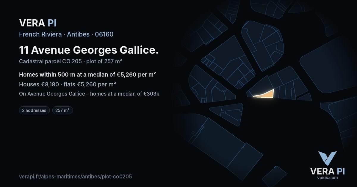 11 Avenue Georges Gallice, Antibes at night – the plot lit, the parcels around coloured by the prices near them