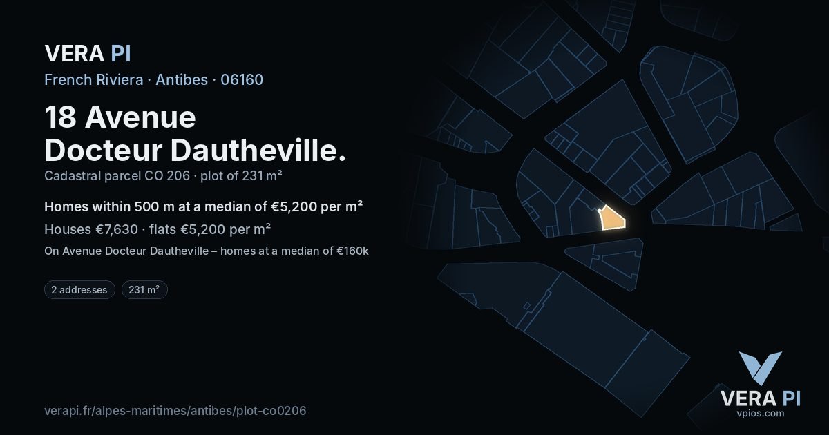 18 Avenue Docteur Dautheville, Antibes at night – the plot lit, the parcels around coloured by the prices near them