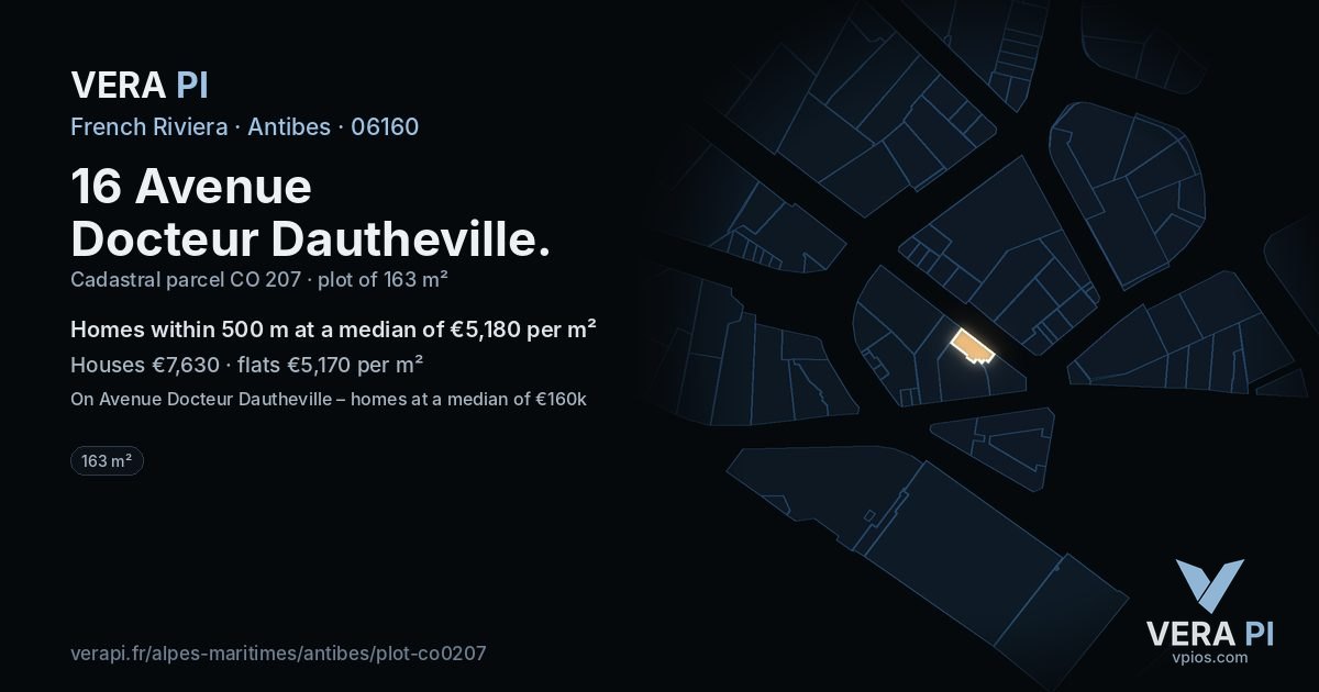 16 Avenue Docteur Dautheville, Antibes at night – the plot lit, the parcels around coloured by the prices near them
