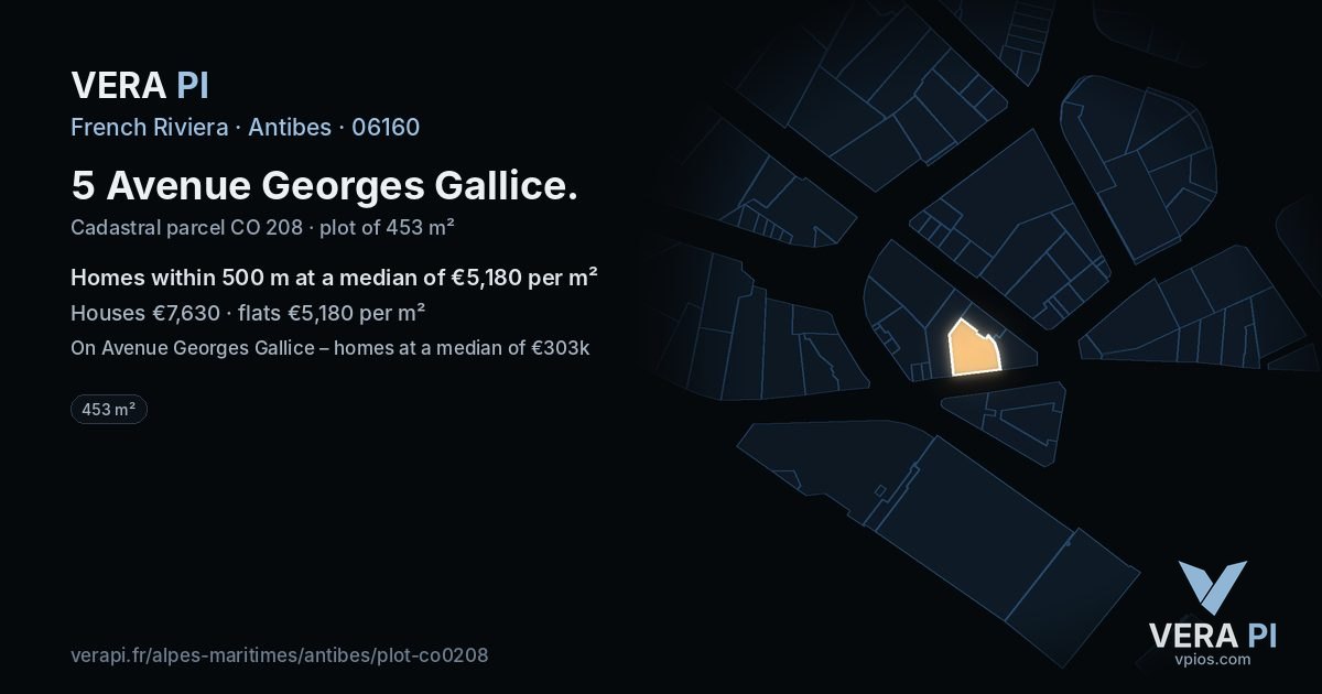 5 Avenue Georges Gallice, Antibes at night – the plot lit, the parcels around coloured by the prices near them
