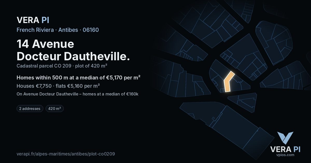 14 Avenue Docteur Dautheville, Antibes at night – the plot lit, the parcels around coloured by the prices near them