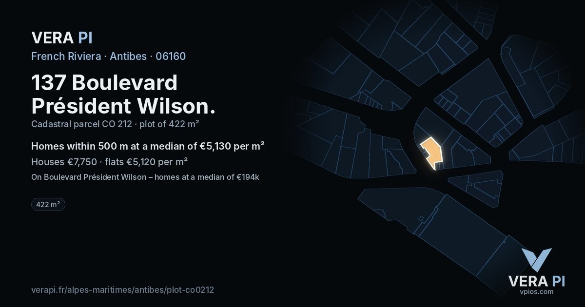 137 Boulevard Président Wilson, Antibes at night – the plot lit, the parcels around coloured by the prices near them